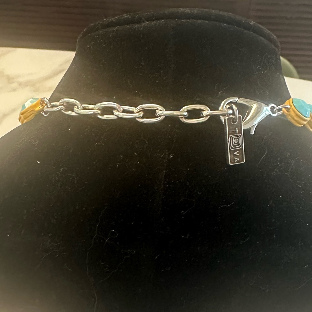 TOVA - Opaque Turquoise Crystal & Mustard Yellow Coated Enamel Necklace - Picture 12 of 15